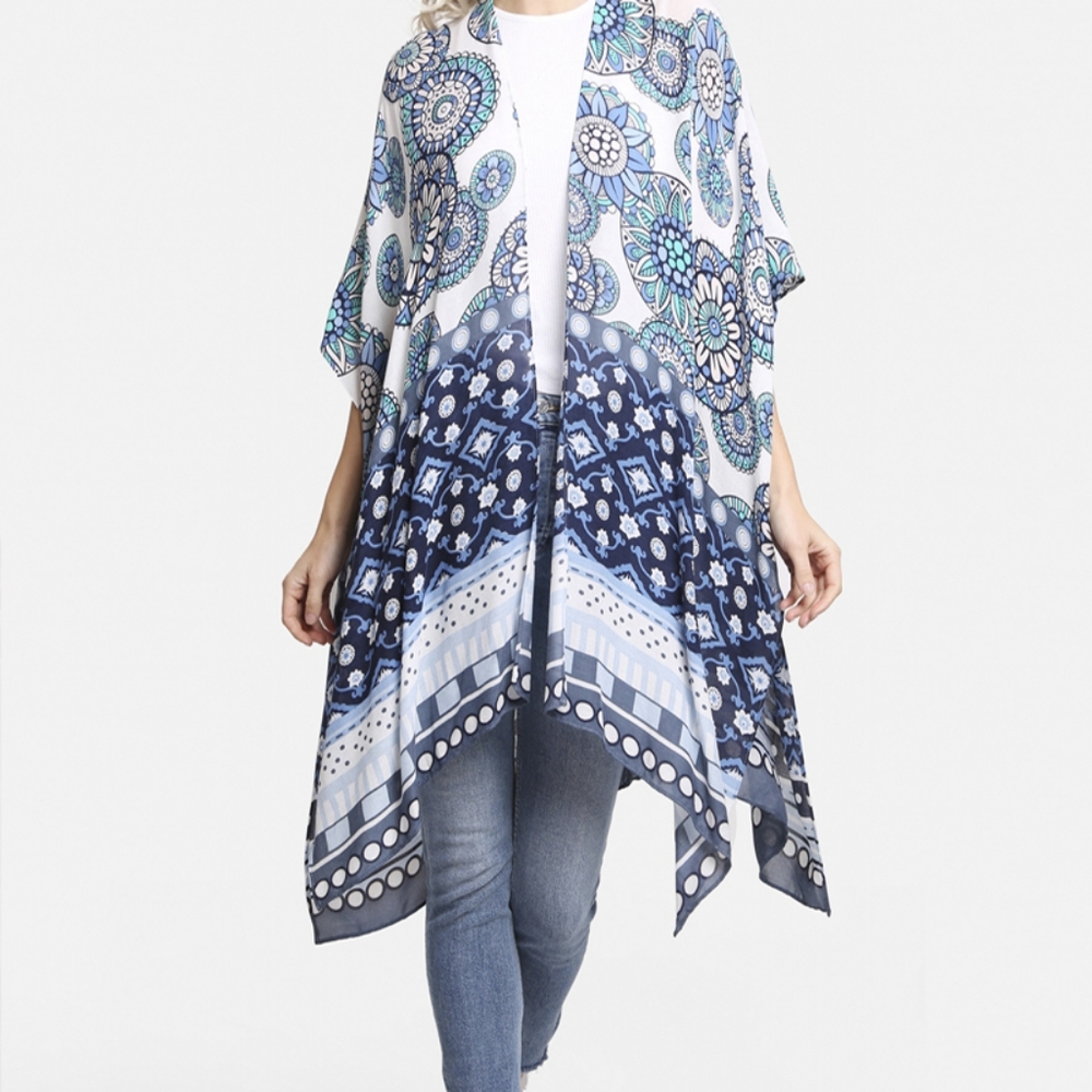 Blue and White Floral Kimono Cardigan